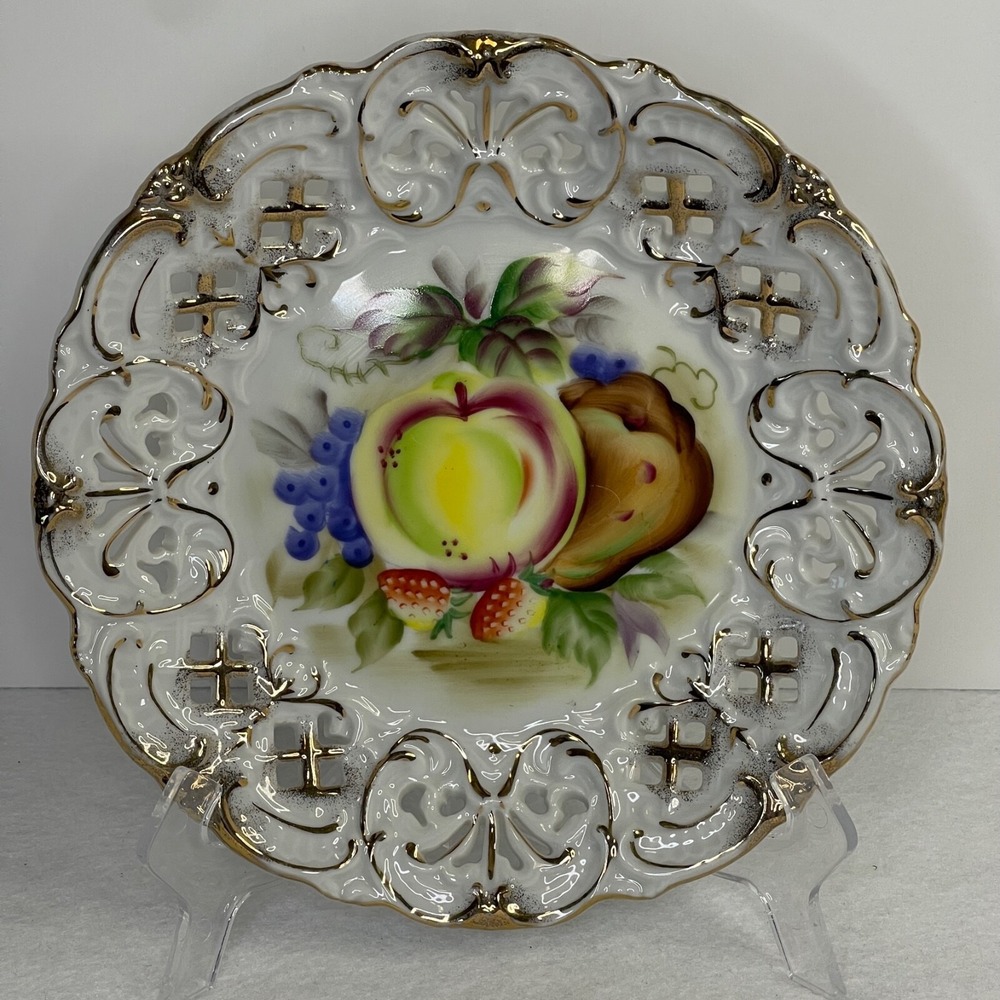 Lefton Fine China Fruit Plate Reticulated Hand Painted Lace Gold Trim 8"